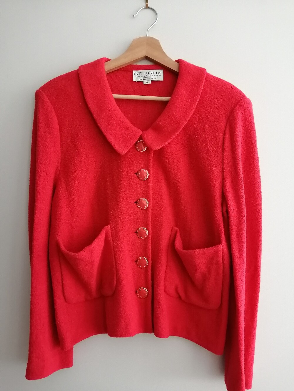 St. John Collection Red Wool Blend Textured Knit Jacket Patch Pockets Size 8
